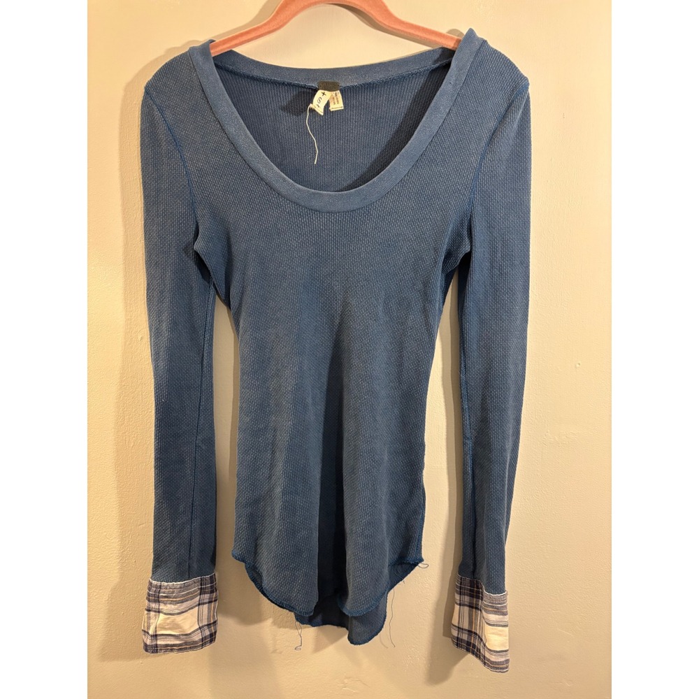 We The Free People Teal Blue Thermal Plaid Button Cuffs S Boho
